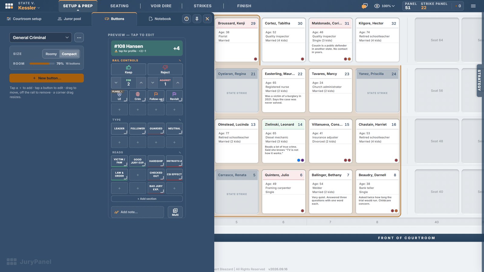 The Buttons tab with the General Criminal rating rail and its editor