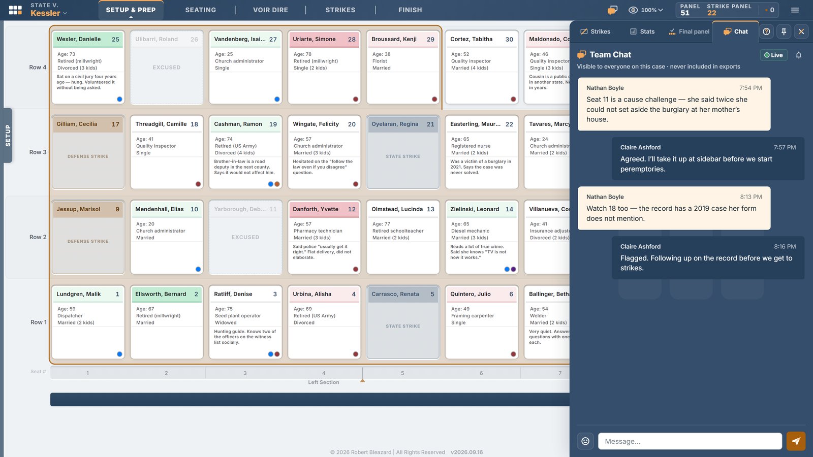 Team chat open in the Strategy panel beside the seating chart