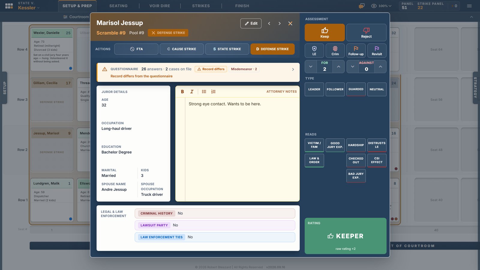 A juror card in read view, with demographics, flags, a Keep verdict and attorney notes