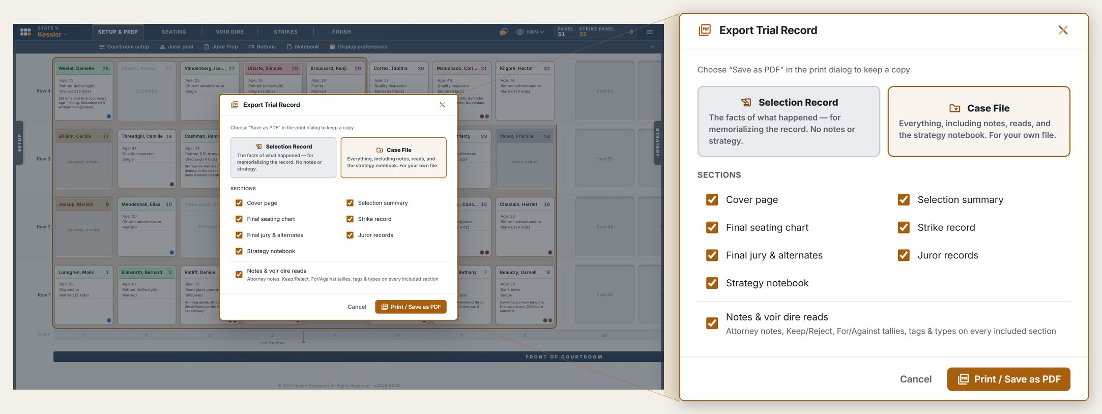 The Export Trial Record dialog magnified beside the chart: Selection Record or Case File, and the sections to include