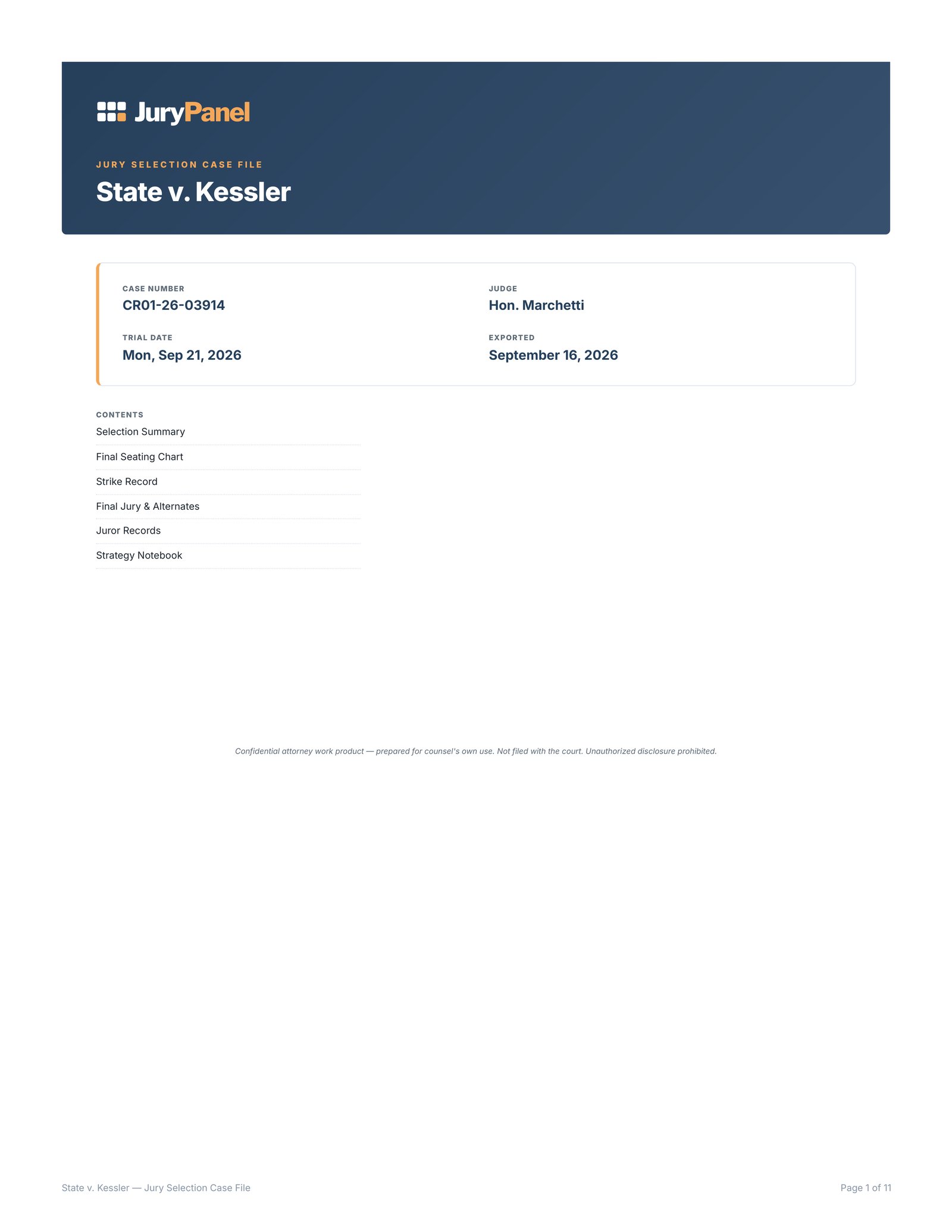 The cover page of the exported trial record: the case, the judge and the date
