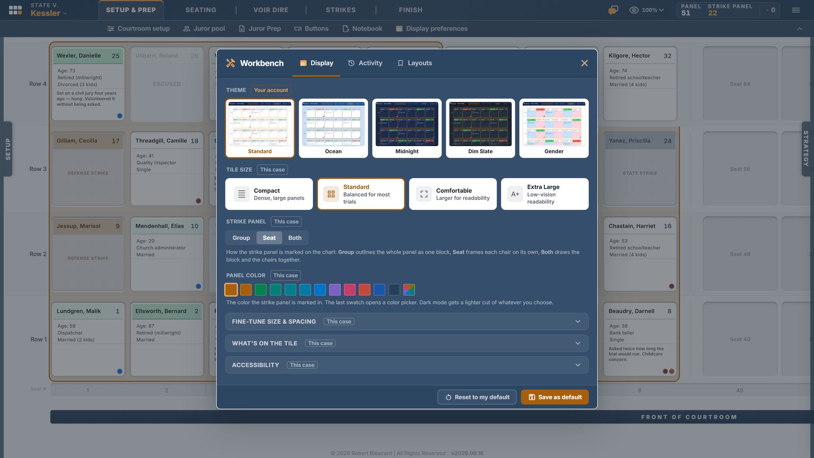 The Workbench’s Display tab: theme, tile size and the strike panel mark
