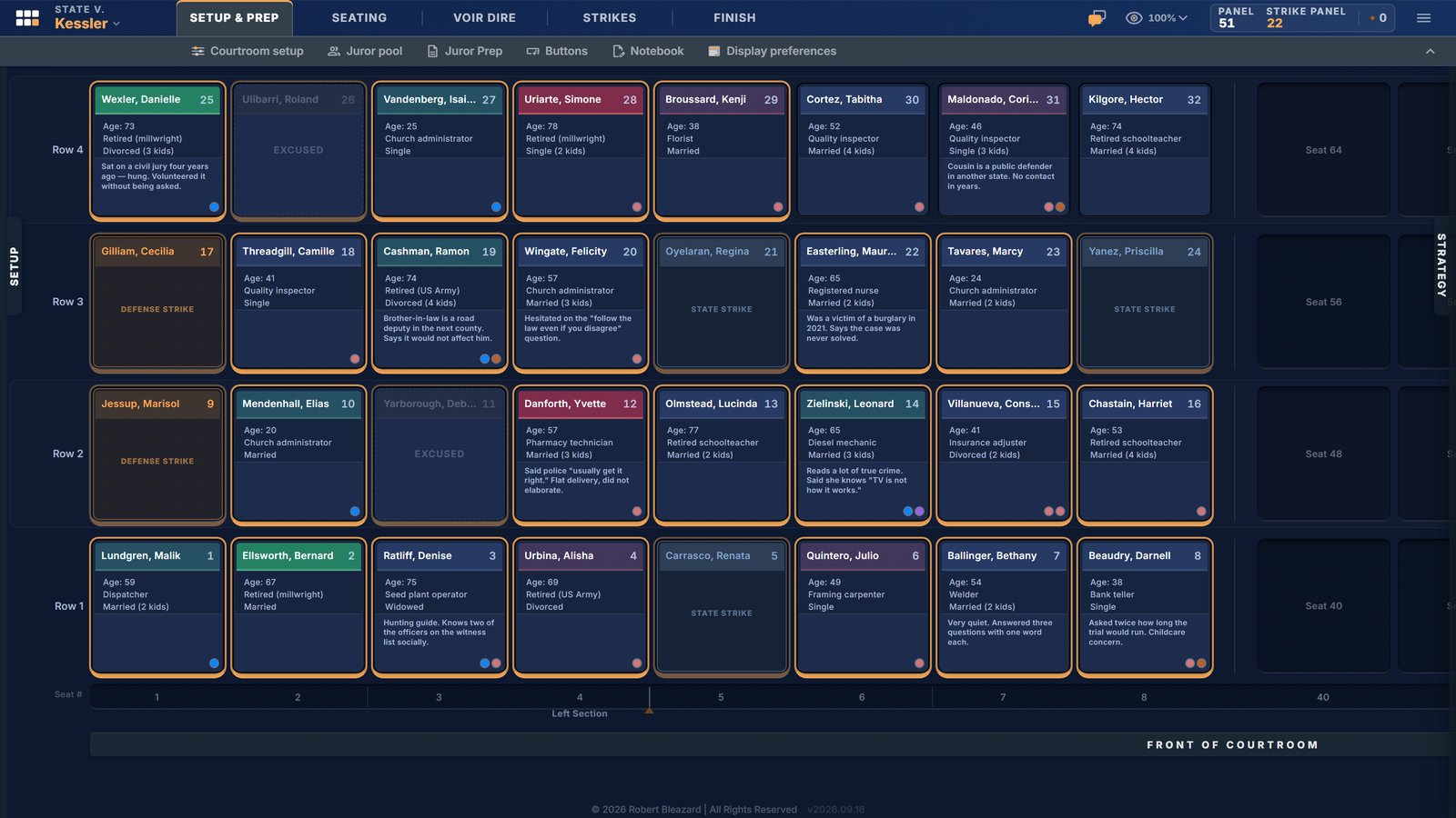 The seating chart in the Midnight theme